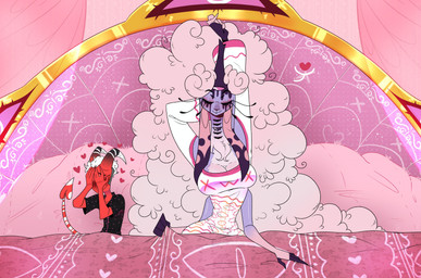 anthro bed duo embarrassed female furniture hair horn long_hair male male/female stretching tail whiteartblood hellaverse helluva_boss belphegor_(helluva_boss) bovid caprine caprine_demon demon demon_humanoid goat_demon horned_humanoid humanoid imp mammal tailed_humanoid 2025 absurd_res digital_media_(artwork) hi_res