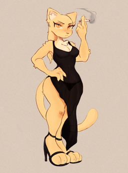 3_toes 4_fingers accessory anthro athletic badass_woman biped black_clothing black_dress black_panties black_underwear blonde_hair blush breasts cigarette cigarette_smoke claws clothed clothing dark_dress dress eyelashes feet female female_anthro fingers fluffy footwear fur hair hair_accessory hands_on_hips high_heels lace_panties long_hair looking_at_viewer looking_badass medium_breasts muscular nipple_outline panties paws ponytail shoes smoke smoking smoking_cigarette solo spy standing strong_female tail toes translucent translucent_clothing underwear vintage white_body white_fur white_stomach yellow_body yellow_eyes yellow_fur yellow_sclera greengirdle bethesda_game_studios microsoft oblivion prequel_adventure the_elder_scrolls rajirra felid khajiit mammal hi_res