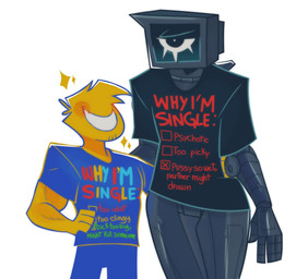 angry anthro couple_shirt cybernetics duo electronics for_a_head grin machine male male/male matching_shirts metallic_body not_furry not_furry_focus screen screen_face simple_background smile sparkles television text white_background yellow_body yellow_skin h43vr mob_entertainment poppy_playtime protagonist_(poppy_playtime) the_doctor_(poppy_playtime) cyborg human humanoid mammal object_head robot robot_humanoid screen_head tv_head tv_head_robot english_text hi_res
