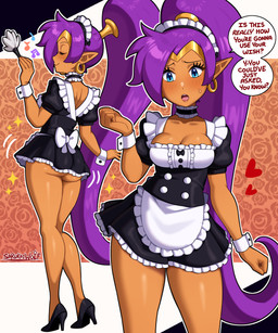 breasts butt clothing ear_piercing female hair humanoid_pointy_ears maid_uniform not_furry piercing pointy_ears purple_hair speech_bubble text uniform sarukaiwolf shantae_(series) wayforward shantae genie humanoid absurd_res english_text hi_res