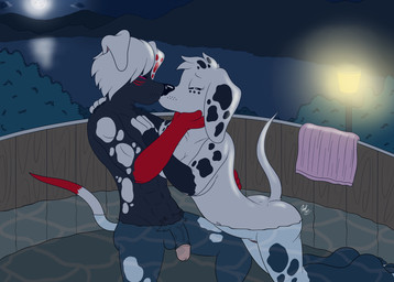 abs anthro balls butt butt_out_of_water covered_vulva duo eyes_closed female genitals hot_tub kissing lake lamp lantern making_out male male/female moon mountain muscular nude penis plant shrub towel translucent translucent_water vulva doggettdouglasmcdog 101_dalmatian_street 101_dalmatians disney dolly_(101_dalmatians) canid canine canis dalmatian domestic_dog mammal absurd_res hi_res