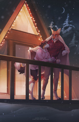 anthro black_body black_fur black_nose blue_eyes cheek_tuft clothed clothing container cup duo facial_tuft fur head_tuft holding_container holding_cup holding_mug holding_object male male_anthro mouth_closed mug orange_body orange_eyes orange_fur outside snow snowing standing string_lights tuft white_body white_fur plgdd unknowhiter canid canine mammal 2025 absurd_res artist_collaboration hi_res
