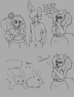 alternative_fashion angry anthro anthro_to_feral big_breasts breasts buckteeth chest_tuft clothing collar collared_shirt dialogue ear_piercing eyeshadow eyewear fangs female feral glasses goth group hand_in_pocket hands_on_hips lopped_ears makeup male male/female office_attire piercing pockets punk rectangular_glasses rolled_up_sleeves shirt spiked_collar spikes teeth thinking_pose topwear transformation trio tuft kdhynamo coffee_buns mice_tea too_serious ash_blumenthal boss_(coffee_buns) leo_bianco canid canine canis lagomorph leporid mammal mephitid rabbit skunk wolf comic hi_res monochrome sketch