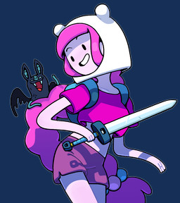 4_fingers ambiguous_gender backpack bangs bottomwear braided_hair breasts clothed clothing cosplay crop_top dot_eyes duo fangs female feral fingers food fur grin hair hat headgear headwear long_hair melee_weapon midriff on_model open_mouth pink_body pink_hair shirt shorts simple_eyes smile sword t-shirt teeth toony topwear weapon wings discount-supervillain adventure_time cartoon_network finn_the_human marceline_abadeer princess_bubblegum bat candy_people_(at) demon food_creature human mammal vampire alpha_channel digital_media_(artwork)