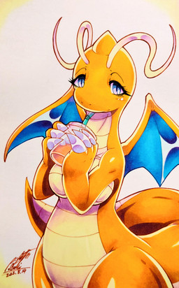 antennae_(anatomy) anthro beverage blue_eyes blush breasts claws container cup drinking drinking_straw eyelashes featureless_breasts female half-closed_eyes looking_at_viewer membrane_(anatomy) membranous_wings narrowed_eyes non-mammal_breasts orange_body orange_skin scales simple_background solo tail thick_tail ventral_scales wings 025aki mythology nintendo pokemon dragon dragonite generation_1_pokemon mythological_creature mythological_scalie pokemon_(species) reptile scalie 2022 dated hi_res signature
