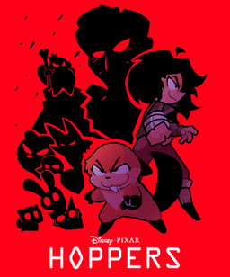 ambiguous_gender beaver_tail buckteeth cast clothed clothing duo female feral fur group hair male no_pupils red_background scepter silhouette silhouetted_body simple_background solo square_crossover teeth text tomfoolery disney hoppers_(disney) pixar jerry_generazzo king_george_(hoppers) mabel_tanaka anatid anseriform avian bear beaver bird canid canine duck fox human lagomorph leporid mammal rabbit rodent alternate_version_at_source english_text hi_res