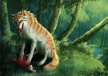 animal_genitalia barely_visible_genitalia barely_visible_sheath black_lips blood bodily_fluids brown_markings brown_stripes day detailed_background duo feral forest fully_sheathed fur genitals gore grass lips male markings outside paws plant sheath stripes tan_body tan_fur tree white_body white_fur white_sheath yellow_eyes oneminutesketch canid canine lagomorph leporid mammal rabbit 2015 digital_media_(artwork)