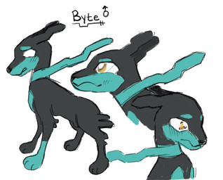 black_body black_fur feral fur green_markings leash male markings side_view solo standing worried yellow_eyes binkybnuuy nintendo pokemon byte_(binkybnuuy) fan_character canid canine generation_7_pokemon half_shiny_pokemon legendary_pokemon mammal pokemon_(species) zygarde zygarde_10_forme hi_res model_sheet