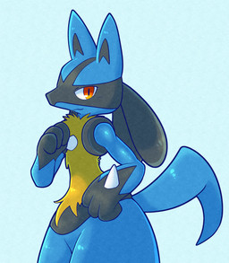 3_fingers ambiguous_gender anthro black_body black_fur blue_body blue_fur fingers fur looking_at_viewer orange_eyes side_view simple_background solo thick_thighs white_background yellow_body yellow_fur momensarada nintendo pokemon generation_4_pokemon lucario pokemon_(species) 2023 hi_res