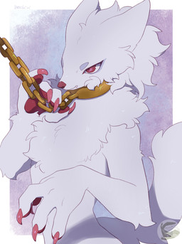 anthro chained_collar claws collar finger_claws fur male pawpads red_claws red_eyes red_nose red_pawpads simple_background solo white_body white_fur mochiri canid canine mammal absurd_res hi_res
