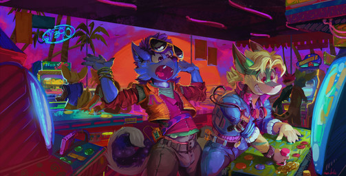anthro arcade arcade_machine blonde_hair blue_body blue_bottomwear blue_clothing blue_fur blue_pants blue_topwear bottomwear brown_bottomwear brown_clothing brown_pants bulge clothed clothing dipstick_ears duo_focus ear_markings electronics fangs fur glistening glistening_eyes green_body green_fur grin group hair inside jacket male male_anthro monitor multicolored_ears open_clothing open_jacket open_mouth open_topwear orange_clothing orange_jacket orange_topwear palm_tree pants pink_clothing pink_topwear plant purple_eyes purple_hair purple_nose purple_tail pushing_button red_eyes red_tongue short_hair smile tail teeth tongue topwear tree white_tail oselotti mythology canid canine dragon furred_dragon furred_scalie mammal mythological_creature mythological_scalie scalie 2025 absurd_res hi_res