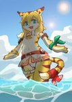 anthro bikini breasts camel_toe clothed clothing female looking_at_viewer micro_bikini navel open_mouth sea sky solo swimwear two-piece_swimsuit water tomato27204917 cygames world_flipper mia_(world_flipper) hi_res