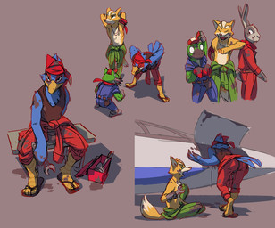 anthro armband arwing butt clothed clothing eye_contact footwear grease group hat headgear headwear jumpsuit kerchief looking_at_another male sandals shirt shoes sitting standing tank_top toolbox tools topless topwear wrench flookz nintendo star_fox falco_lombardi fox_mccloud peppy_hare slippy_toad amphibian avian bird canid canine fox frog hare lagomorph leporid mammal toad_(frog)