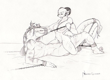 ankh anthro anthro_on_anthro bdsm bondage bound breasts chain clitoris cowgirl_position dominant dominant_female duo ear_piercing ear_ring eyebrow_piercing eyebrow_ring eyes_closed facial_piercing female female_on_top female_penetrated from_front_position genitals horn jewelry lying male male/female male_on_bottom male_penetrating male_penetrating_female necklace nipples nude on_back on_bottom on_top penetration penile penile_penetration penis penis_in_vagina piercing restraints ring_piercing sex spreader_bar straddling submissive submissive_male tail vaginal vaginal_penetration vulva necrodrone necrodrone_(character) 2007 greyscale monochrome signature sketch