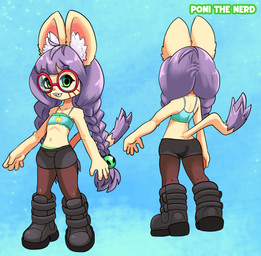anthro boots bottomwear braces braided_hair buckteeth butt clothed clothing eyewear female flat_chested footwear glasses hair leggings legwear looking_at_viewer nerd pants pigtails shoes smile solo standing tail teeth training_bra young young_female ichduhernz poni_(ichduhernz) domestic_cat felid feline felis mammal 2026 hi_res