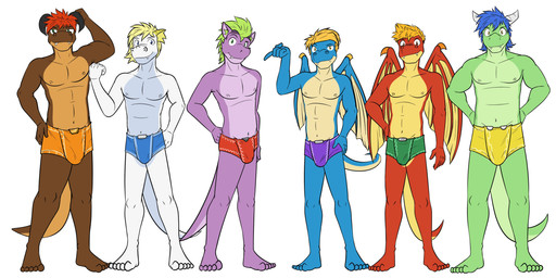 anthro clothed clothing fangs group hands_on_hips horn looking_at_viewer male navel nipples simple_background standing tail teeth underwear underwear_only wings fuze mythology barius_(fuze) magma_(fuze) mangle_(fuze) rail_felflame_(fuze) sharp_(fuze) snort_(fuze) dragon mythological_creature mythological_scalie scalie 2:1 absurd_res hi_res
