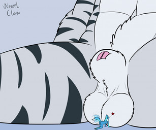animal_genitalia anthro ball_worship balls body_worship crotch_shot duo female genital_worship genitals kiss_on_balls kissing macro macro_male male male/female micro micro_female nude nude_female nude_male sheath worship weaselclaw kaltrina_(weaselclaw) luka_(weaselclaw) canid canine canis felid mammal pantherine tiger wolf hi_res