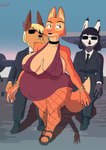 anthro big_breasts breasts clothed clothing dress eyewear female pregnant pregnant_anthro pregnant_female red_clothing red_dress suit suit_and_tie sunglasses sunset thick_thighs wide_hips toonarscontent dreamworks the_bad_guys diane_foxington bat canid canine canis fox jackal mammal absurd_res hi_res