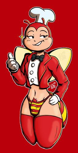 anthro bow_tie bulge clothing insect_wings legwear male midriff pattern_clothing pattern_underwear pube_peek pubes slim small_waist solo striped_clothing striped_underwear stripes suit thigh_highs underwear wings leionfire jollibee jollibee_(mascot) arthropod bee hymenopteran insect absurd_res hi_res