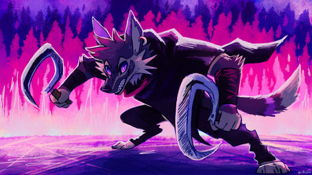 anthro black_clothing bottomwear cheek_tuft chest_fur chest_tuft claws clothed clothing devious_grin ear_piercing ear_ring facial_tuft fangs fighting_pose fluffy fluffy_tail fur fur_markings grey_body grey_fur grin head_tuft male markings melee_weapon multicolored_body multicolored_fur neck_tuft pants paws piercing pointy_ears polearm pose purple_body purple_eyes purple_fur purple_nose ring_piercing robe scythe shadow sickle smile smiling_at_viewer snout solo standing tail teeth teeth_showing topwear tuft weapon geckozen dreamworks puss_in_boots_(franchise) death_(puss_in_boots) dl_wolf_(dl2288) canid canine canis mammal wolf absurd_res hi_res