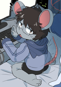 5_fingers 5_toes anthro barefoot bed bedding black_bottomwear black_clothing black_eyes black_hair black_shorts blanket blue_clothing blue_hoodie blue_topwear bottomwear clothing computer_keyboard electronics feet fingers fur furniture gesture grey_body grey_fur hair half-closed_eyes hoodie inside kneeling kneeling_on_bed looking_at_viewer male monitor narrowed_eyes on_bed open_mouth pillow serious shorts soles solo table tail text toes topwear waving waving_at_viewer young young_anthro young_male satsuki_rabbit mammal mouse murid murine rodent 2020 absurd_res hi_res japanese_description japanese_text translated