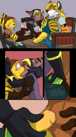alcohol anthro beverage big_penis blush diner drunk female foreskin genitals group hand_in_pants kissing male male/female pant_tug penis restaurant smile smirk substance_intoxication wine zummeng ratchet_and_clank sony_corporation sony_interactive_entertainment angela_cross jcfox ratchet_(ratchet_and_clank) sasha_phyronix canid canine cazar_(ratchet_and_clank) fox lombax mammal comic hi_res
