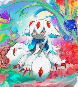 3_fingers 4_arms black_body claws closed_frown detailed_background female finger_claws fingers flat_chested fluffy_arms fluffy_legs frown fungus fur mouth_closed multi_arm multi_limb mushroom nature nature_background plant red_claws sitting sky solo water white_body white_fur yellow_eyes gekidan_suruga made_in_abyss faputa ambient_arthropod ambient_insect arthropod beetle butterfly gastropod humanoid insect lepidopteran mollusk narehate snail 2025
