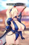 4_fingers big_breasts biped blonde_hair breasts cleavage clothed clothing female fingers hair hair_over_eye huge_breasts humanoid_pointy_ears melee_weapon not_furry one_eye_obstructed solo text thick_thighs weapon yamanata elf hi_res