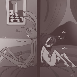 4_fingers animal_genitalia animal_penis anthro bed bedroom blush bodily_fluids colored_nails colored_toenails duo feet female fingers furniture genital_fluids genitals knot knotted_penis lagomorph_penis male masturbation moan moaning_name nails penile penile_masturbation penis precum tail tail_motion tailwag toenails toes vaginal vaginal_masturbation screaming_alice glitch_productions kinktober kinktober_2025 the_amazing_digital_circus jax_(tadc) pomni_(tadc) humanoid lagomorph leporid mammal rabbit absurd_res hi_res