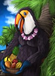 anthro banana beach beak bowl cloud container food fruit island leaf lei lime male mango orange_(fruit) orange_beak palm_tree pineapple plant sand sea seaside sitting sky slightly_chubby slightly_chubby_male solo starfruit tree tropical water yenocwolf birdtember avian bird toucan absurd_res hi_res