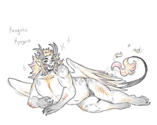 black_sclera black_text blonde_hair body_hair claws fangs feathered_wings feathers fire flame_markings flaming_tail gradient_limbs hair horn male markings multicolored_hair red_hair_tips solo tail teeth text two_tone_hair wings puppetmaster13uwu demon_slayer kimetsu_no_yaiba kyojuro_rengoku demon horned_humanoid humanoid sketch