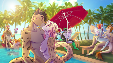 alcohol animal_genitalia animal_penis anthro antlers areola balls beverage breasts canine_genitalia canine_penis cocktail countershading crown detailed_background eye_contact eyes_closed fellatio female genitals group hand_holding hand_on_butt handjob happy headgear horn kissing knot looking_at_another male male/female muscular muscular_male nipples nude on_lap oral outside passionate penile penis plant poolside prince public_pool royalty sex skinny_dipping smile sun swimming_pool tail tree wings nzuri mythology cole_(cole_rs) prince_borgon arthropod canid cheetah dragon felid feline insect mammal mythological_creature mythological_scalie scalie absurd_res hi_res