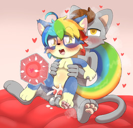 adult_on_young age_difference animal_genitalia animal_penis anthro balls bed belly biped black_nose blue_body blue_fur blush blush_lines bodily_fluids brown_hair canine_genitalia canine_penis cum cum_in_vagina cum_inside cutaway duo ejaculation female female_penetrated fleshlight_position fur furniture genital_fluids genitals grey_body grey_fur grey_tail hair heart_symbol holding_another humanoid_genitalia humanoid_vulva impregnation internal knot lifted looking_pleasured male male/female male_penetrating male_penetrating_female multicolored_hair multicolored_tail on_bed open_mouth ovum pawpads paws penetration penile penile_penetration penis penis_in_vagina pink_background rainbow_hair rainbow_tail red_bed sex simple_background sitting sitting_on_bed size_difference smaller_penetrated sperm_cell tail tail_around_partner teeth tongue_showing vaginal vaginal_penetration vulva white_belly yellow_eyes young conditional_dnp frchpk minia_(augustus) tiberius_magnus domestic_cat felid feline felis mammal rodent sciurid tree_squirrel 2025 shaded