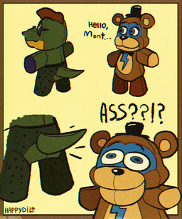anthro black_nose blue_body blue_eyes bodypaint border bottomwear bow_tie brown_body brown_border brown_ears butt butt_shot chaps clothed clothing cross-eyed dialogue duo ellipsis excited exclamation_point eyewear face_paint featureless_crotch glasses green_body green_nose green_tail greeting hair happy hat headgear headwear humor interrobang long_tail looking_aside looking_up male male/male mohawk multicolored_body multicolored_ears nude o_o pants plushie presenting presenting_hindquarters pseudo_clothing purple_body question_mark raised_arm red_hair rockstar round_ears sharp_teeth short_hair simple_background slightly_chubby smile standing star star_glasses t-pose tail tan_background tan_body tan_ears teeth text top_hat topless topless_anthro topless_male topless_plushie topless_toy toy wide_eyed yellow_body happydile five_nights_at_freddy's five_nights_at_freddy's:_security_breach scottgames steel_wool_studios glamrock_freddy montgomery_gator plush_glamrock_freddy_(fnaf) plush_montgomery_gator_(fnaf) alligator alligatorid animate_inanimate bear crocodilian living_plushie mammal reptile scalie 2022 5:6 english_text hi_res lol_comments meme