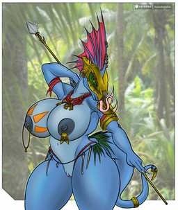 accessory anthro areola big_breasts blue_body breasts claws clitoris curvy_figure female furgonomic_piercing furgonomics genitals holding_melee_weapon holding_object holding_polearm holding_spear holding_weapon huge_breasts jewelry looking_at_viewer markings melee_weapon mostly_nude navel necklace nipple_piercing nipple_ring nipples non-mammal_breasts non-mammal_navel non-mammal_nipples piercing polearm ring ring_piercing solo spear tail tail_accessory tail_jewelry tail_ring text thick_thighs tongue tongue_out tribal tribal_markings voluptuous vulva weapon wide_hips hospitallerinaboat warhammer_(franchise) warhammer_fantasy lizard lizardman lizardman_(warhammer) reptile scalie skink_(warhammer_fantasy) artist_name hi_res