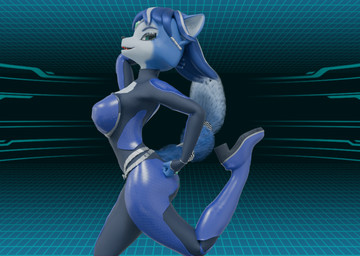 anthro bedroom_eyes bodysuit clothing female hand_behind_head hand_on_butt narrowed_eyes pose seductive skinsuit solo tight_clothing semioriginalusername nintendo star_fox krystal_(star_fox) canid canine fox mammal 3d_(artwork) blender_(artwork) digital_media_(artwork) pinup