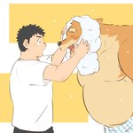 anthro belly big_belly blush clothing duo eyes_closed kemono male moobs overweight overweight_male shirt topwear towel underwear mtmnkmn125 canid canine canis domestic_dog human mammal 1:1 2023 hi_res