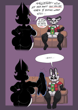 anthro balls big_balls big_breasts big_butt big_penis black_body black_fur blue_clothing blue_shirt blue_topwear blush bottomless bottomless_male bottomwear breasts butt can clothed clothed_anthro clothed_female clothing container dialogue duo female fur furniture genitals grey_body grey_fur improvised_sex_toy male male/female multicolored_body multicolored_fur nipples penis purple_bottomwear purple_clothing purple_shorts red_clothing red_shirt red_topwear shirt shorts sofa speech_bubble spread_legs spreading stuck stuck_genitals stuck_penis text thick_thighs topwear two_tone_body two_tone_fur undressing wide_eyed ipskrimson pringles ippa_(ipskrimson) ippy_(ipskrimson) domestic_cat felid feline felis hybrid lagomorph leporid mammal rabbit 2025 absurd_res comic english_text hi_res