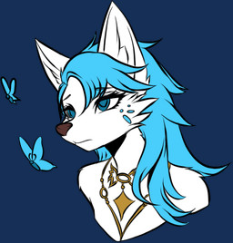 anthro armor blue_eyes clothed clothing collar female front_view jewelry magic magic_user markings necklace royalty solo tattoo topless topless_female worried snowiefeather thermia_(character) arthropod butterfly canid canine canis fox hybrid insect lepidopteran mammal wolf alpha_channel