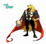 abs anthro armor blue_eyes boots bracers cape clothing footwear fur hammer looking_at_viewer male muscular muscular_anthro muscular_male shoes simple_background solo tail tools white_background yellow_body yellow_fur sharks_(artist) marvel the_avengers thor_(series) thor_(marvel) bird_dog canid canine canis domestic_dog golden_retriever hunting_dog mammal retriever source_request