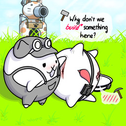 animal_genitalia anus belt belt_pouch blush bodily_fluids building clothed clothing duo eyewear genital_fluids genital_slit genitals glasses grass half_naked hammer hat headgear headwear male male/male miner_helmet open_mouth overalls penis pickaxe plant sky speech_bubble spread_anus spread_legs spreading tapering_penis text tools white_body bbunnyhopp ponos_corp. the_battle_cats gamatoto ototo_(the_battle_cats) felid feline mammal waddling_head 1:1 2025 absurd_res colored digital_drawing_(artwork) digital_media_(artwork) english_text hi_res shaded signature