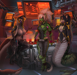anthro apode black_hair breasts clothed clothing detailed_background female green_eyes group hair legless serpentine split_form standing sorafoxyteils runki aquatic canid canine draconcopode felid fish hybrid lamia mammal monster_tail reptile scalie shark snake 2018 digital_media_(artwork)