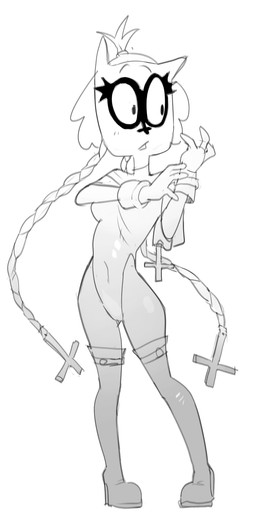 anthro boots braided_hair breasts clothing cross female footwear gloves hair handwear high_heeled_boots high_heels legwear leotard long_hair looking_aside medium_breasts navel_outline shoes short_hair simple_background slim solo standing thigh_boots thigh_highs white_background dbaru anemia_and_iodine anemia domestic_cat felid feline felis mammal 2026 hi_res monochrome sketch