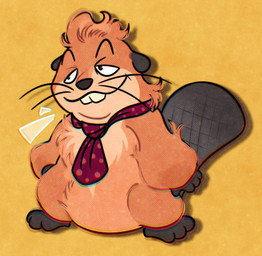 accessory beaver_tail brown_body brown_fur brown_nose buckteeth chest_tuft closed_smile countershading dotted_necktie emoji_description feral fur grey_paws grey_tail head_tuft male male_feral monotone_background mouth_closed narrowed_eyes necktie on_hind_legs pattern_necktie purple_necktie raised_tail simple_background smile smug tail tan_body tan_countershading teeth tuft whiskers yellow_background m11quda disney hoppers_(disney) pixar jerry_generazzo beaver mammal rodent 2026 digital_drawing_(artwork) digital_media_(artwork) flat_colors full-length_portrait hi_res portrait