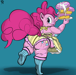 anthro apron belly big_butt butt cake clothing dessert female food footwear frosting hair legs_up looking_back overweight panties pink_body pink_hair socks solo underwear amespinkinson friendship_is_magic hasbro my_little_pony pinkie_pie_(mlp) earth_pony equid equine horse mammal pony absurd_res hi_res