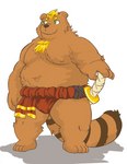 anthro belly big_belly brown_body brown_fur fur green_eyes kemono male moobs nipples overweight overweight_male solo weapon morino8484 bear canid canine hybrid mammal raccoon_dog tanuki 2023 hi_res