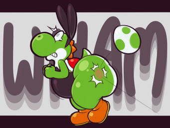 ambiguous_gender anthro belly big_butt bodily_fluids boots bunny_costume butt clenched_teeth clothed clothing costume egg fake_ears fake_rabbit_ears footwear green_body impact lips overweight shell shoes solo spikes spikes_(anatomy) tears teeth wham zlut385 mario_bros nintendo yoshi 4:3 colored digital_drawing_(artwork) digital_media_(artwork)