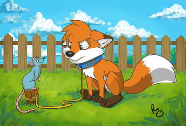 ambiguous_feral ambiguous_gender black_nose blue_body blue_collar blue_eyes blue_fur blue_sky bound closed_smile cloud collar day dipstick_ears duo ear_markings fence feral fur grass grumpy logo mouth_closed multicolored_ears narrowed_eyes orange_body orange_fur outside plant rope sitting sky smile white_body white_fur young young_feral pandapaco canid canine fox mammal mouse murid murine rodent artist_logo signature