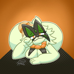 anthro big_butt breasts butt clothing diamond_(marking) eyelashes female fur green_body green_fur green_mask half-closed_eyes hand_on_head hat headgear headwear huge_butt looking_at_viewer lying markings narrowed_eyes on_front orange_background orange_eyes orange_nose outline short_tail simple_background smile solo sun_hat tail white_outline puppetz_(artist) nintendo pokemon lily_(puppetz) generation_9_pokemon meowscarada pokemon_(species) 1:1 2024 absurd_res digital_drawing_(artwork) digital_media_(artwork) hi_res signature