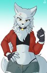 angry anthro chest_tuft clothed clothing collar cross-popping_vein female fingerless_gloves fist fur gloves gradient_background hand_on_hip handwear jacket looking_at_viewer midriff red_clothing scar simple_background solo teeth topwear tuft white_body white_fur yellow_eyes conditional_dnp whitev velvela canid canine mammal 2023 absurd_res digital_media_(artwork) hi_res signature